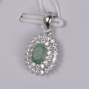 Double Halo Natural Oval Emerald Pendant 925 Sterling Silver